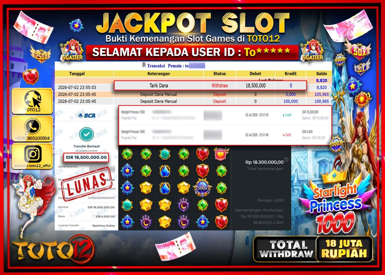 HANYA DI TOTO12 JP PASTI DI BAYAR LUNAS DAN CEPAT!!!!!! JACKPOT SLOT GAME (STARLIGHT PRICESS 1000) Rp18.500.000!!!!