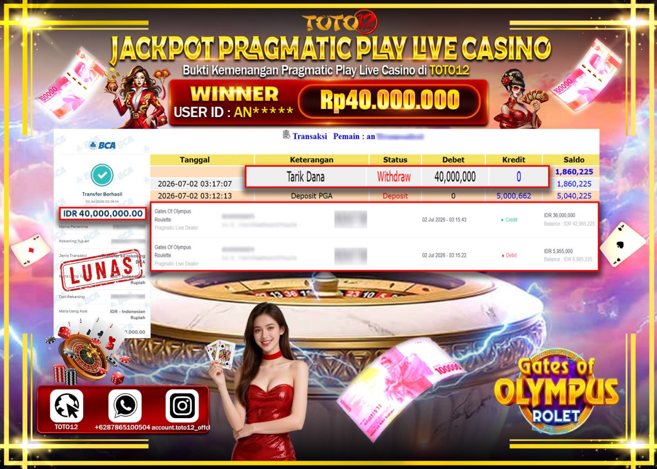 HANYA DI TOTO12 JP PASTI DI BAYAR LUNAS DAN CEPAT!!!!!! JACKPOT PRAGMATIC PLAY LIVE GAME CASINO (GATES OF OLYMPUS ROULETTE) Rp40.000.000!!!!