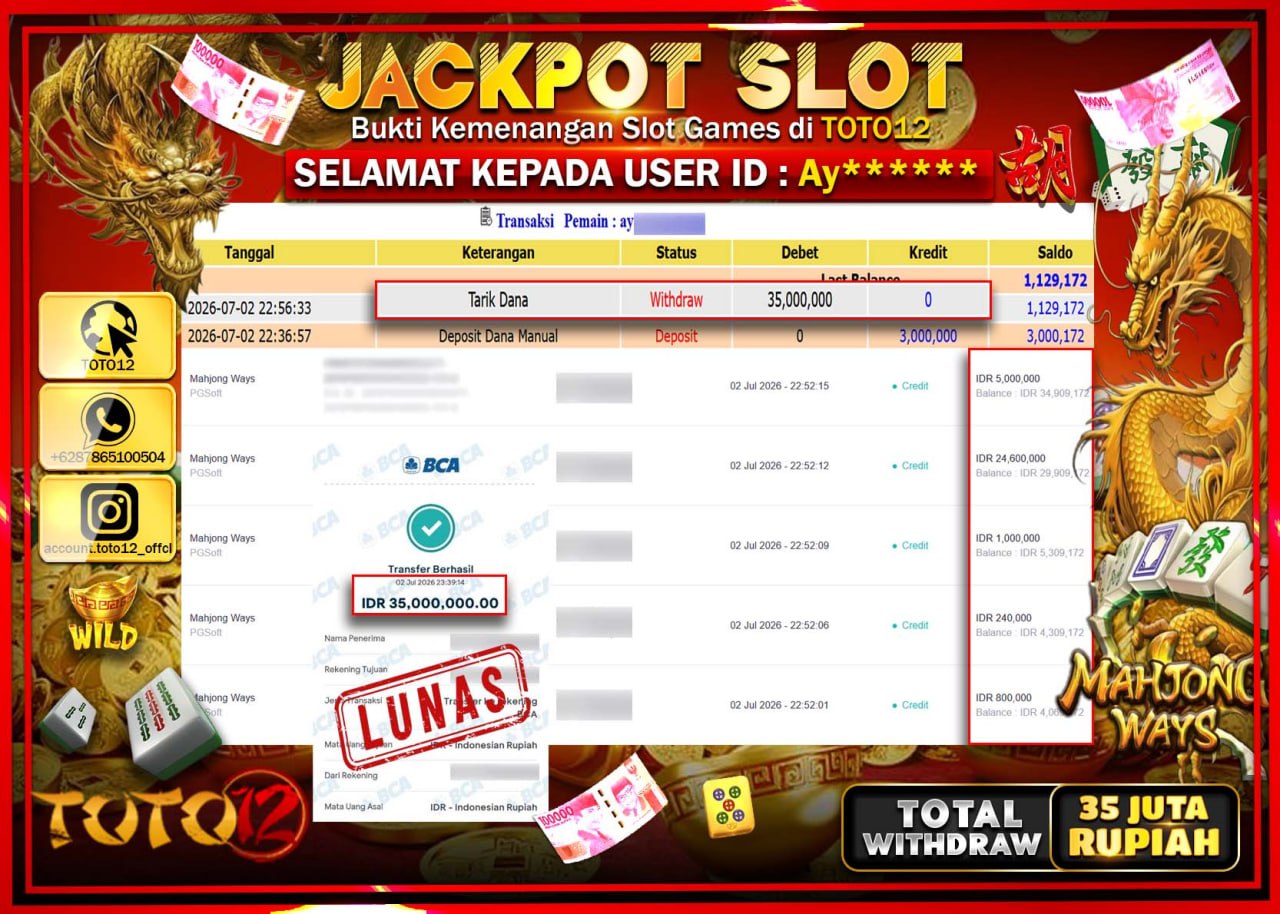 HANYA DI TOTO12 JP PASTI DI BAYAR LUNAS DAN CEPAT!!!!!! JACKPOT SLOT GAME (MAHJONG WAYS) Rp35.000.000!!!!