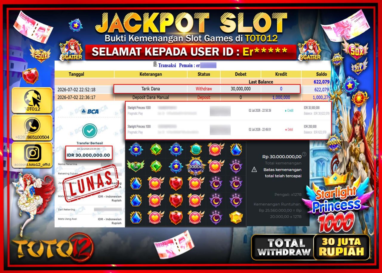 HANYA DI TOTO12 JP PASTI DI BAYAR LUNAS DAN CEPAT!!!!!! JACKPOT SLOT GAME (STARLIGHT PRINCESS 1000) Rp30.000.000!!!!