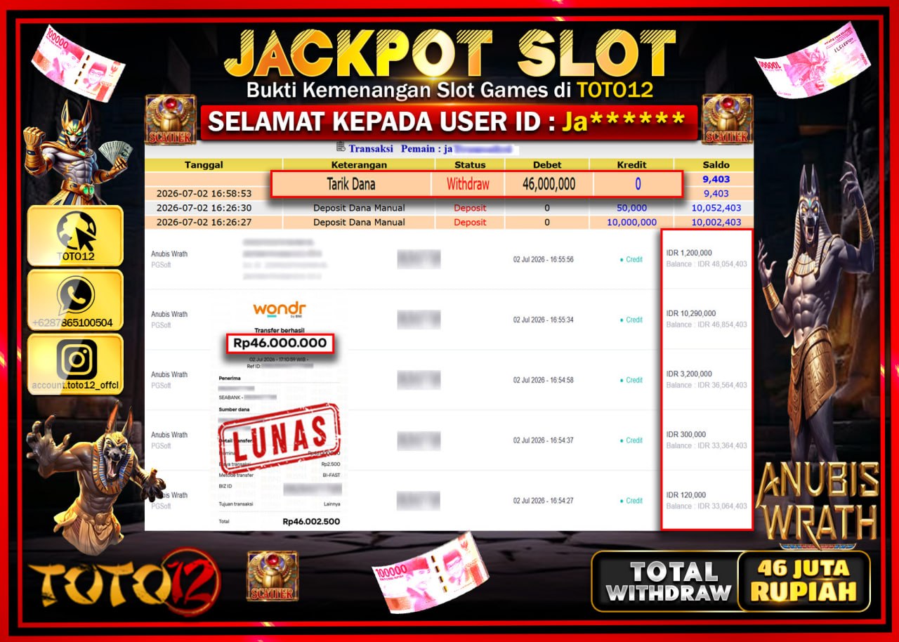 HANYA DI TOTO12 JP PASTI DI BAYAR LUNAS DAN CEPAT!!!!!! JACKPOT SLOT GAME (ANUBIS WRATH) Rp46.000.000!!!!