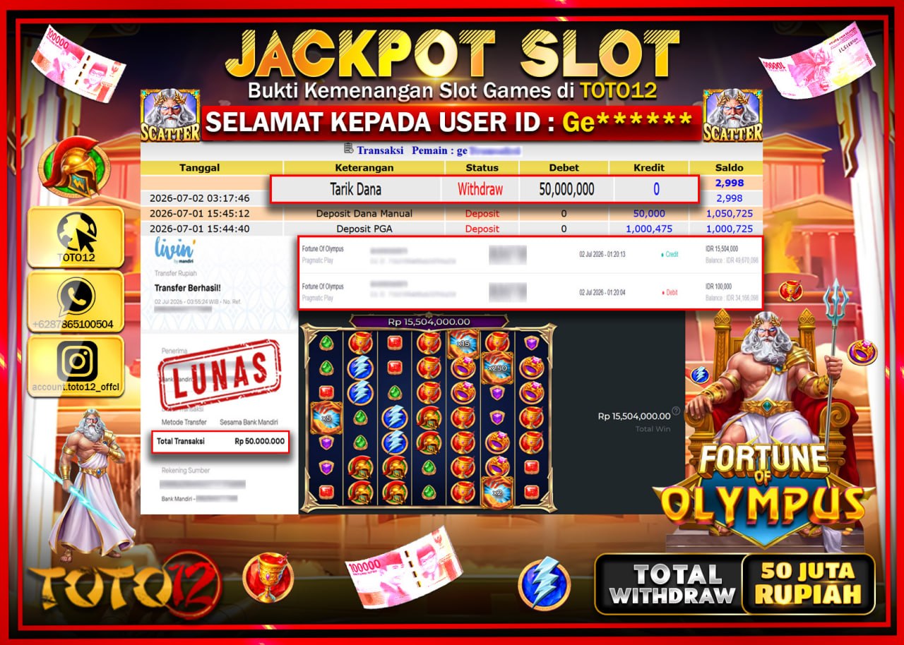 HANYA DI TOTO12 JP PASTI DI BAYAR LUNAS DAN CEPAT!!!!!! JACKPOT SLOT GAME (FORTUNE OF OLYMPUS) Rp50.000.000!!!!