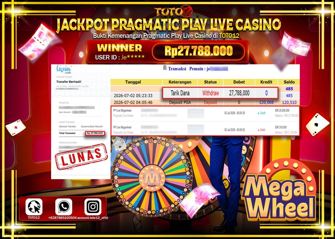 HANYA DI TOTO12 JP PASTI DI BAYAR LUNAS DAN CEPAT!!!!!! JACKPOT PRAGMATIC PLAY LIVE GAME CASINO (PP LIVE MEGA WHEEL) Rp27.788.000!!!!