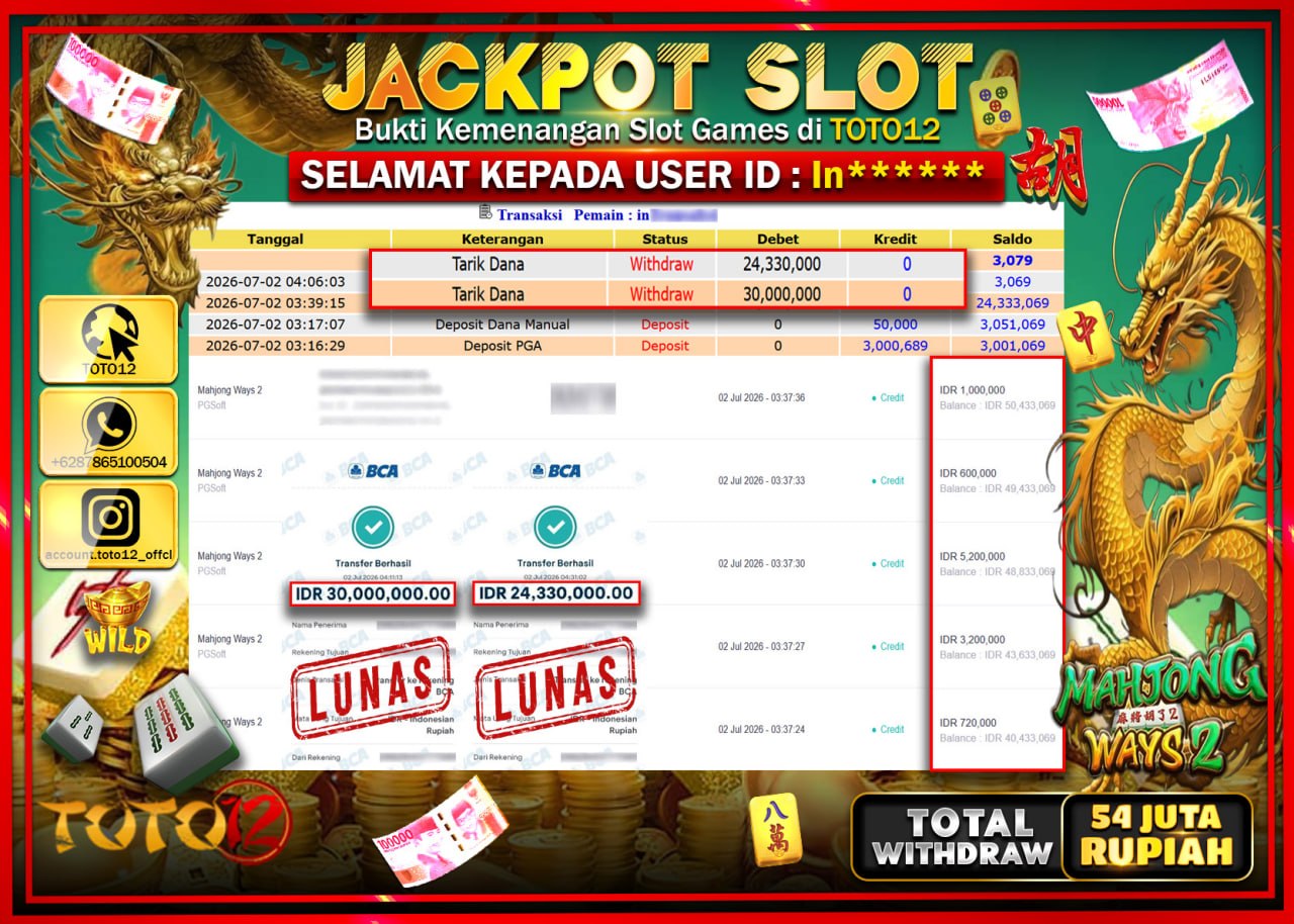 HANYA DI TOTO12 JP PASTI DI BAYAR LUNAS DAN CEPAT!!!!!! JACKPOT SLOT GAME (MAHJONG WAYS 2) Rp54.330.000!!!!