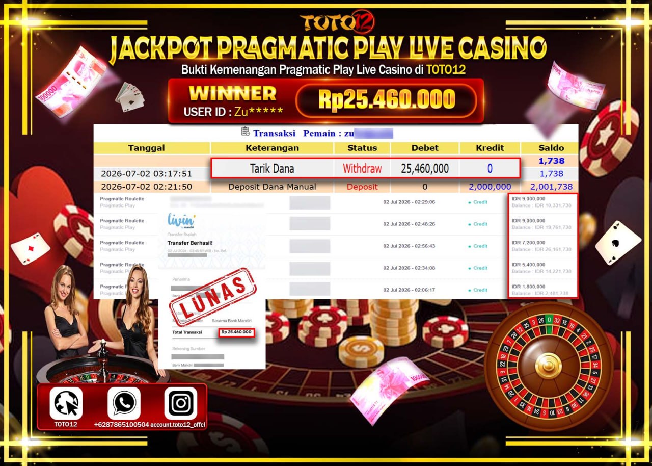 HANYA DI TOTO12 JP PASTI DI BAYAR LUNAS DAN CEPAT!!!!!! JACKPOT PRAGMATIC PLAY LIVE GAME CASINO (PRAGMATIC ROULETTE) Rp25.460.000!!!!