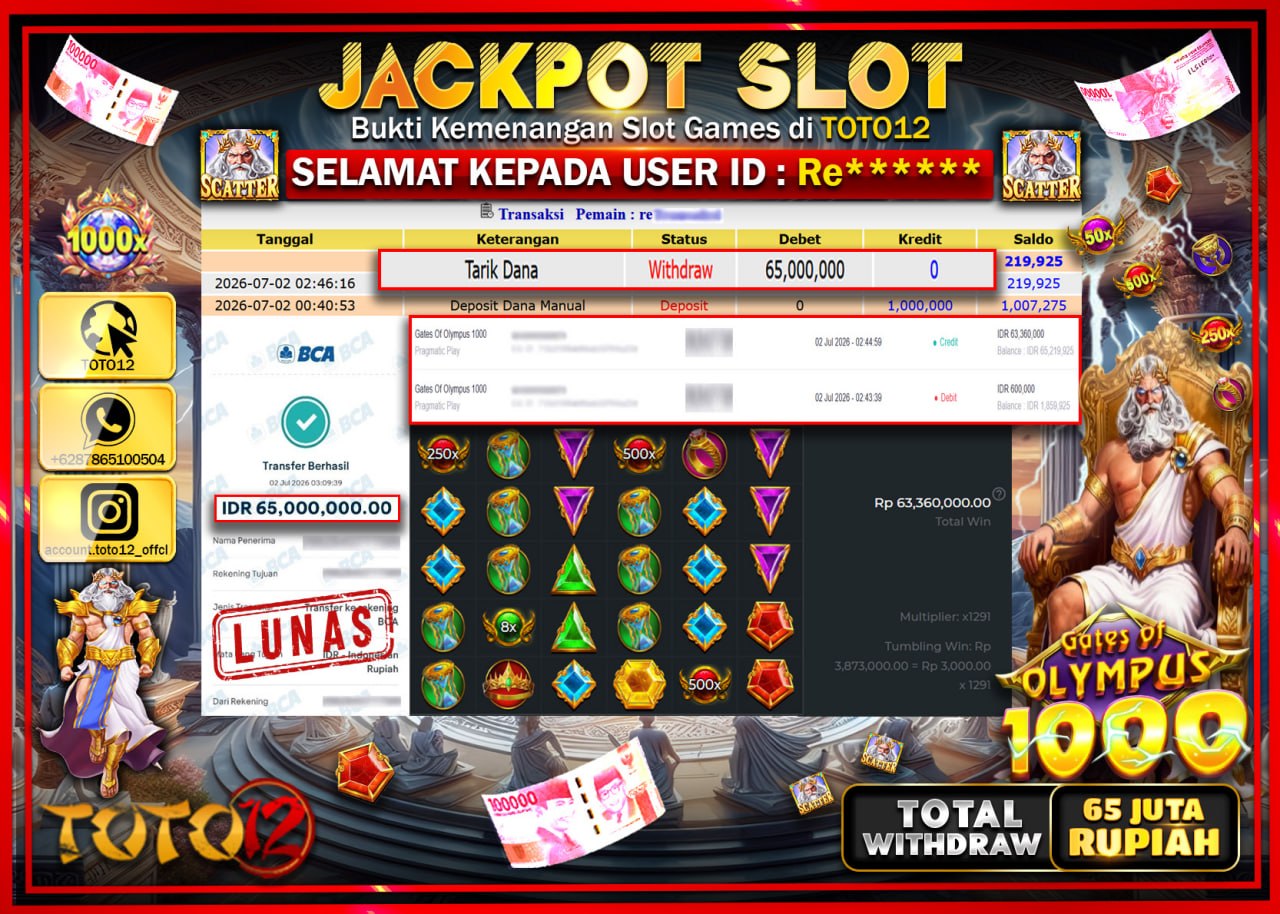 HANYA DI TOTO12 JP PASTI DI BAYAR LUNAS DAN CEPAT!!!!!! JACKPOT SLOT GAME (GATES OF OLYMPUS 1000) Rp65.000.000!!!!