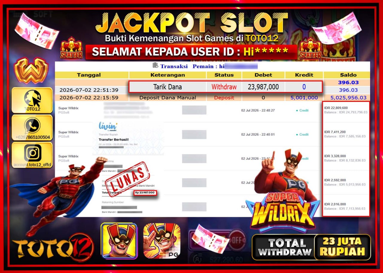 HANYA DI TOTO12 JP PASTI DI BAYAR LUNAS DAN CEPAT!!!!!! JACKPOT SLOT GAME (SUPER WILDRIX) Rp23.987.000!!!!