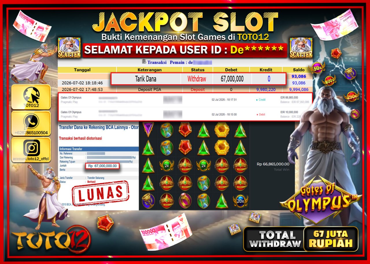 HANYA DI TOTO12 JP PASTI DI BAYAR LUNAS DAN CEPAT!!!!!! JACKPOT SLOT GAME (GATES OF OLYMPUS) Rp67.000.000!!!!