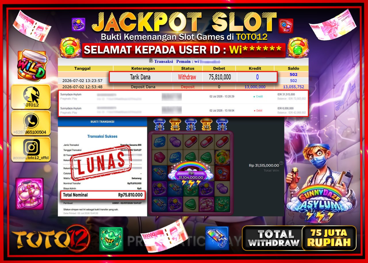 HANYA DI TOTO12 JP PASTI DI BAYAR LUNAS DAN CEPAT!!!!!! JACKPOT SLOT GAME (SUNNYDAZE ASYIUM) Rp75.810.000!!!!