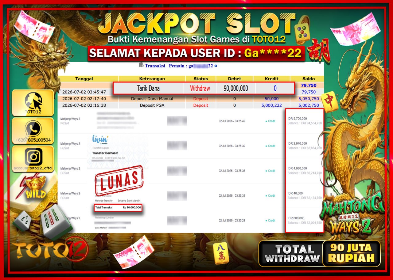 HANYA DI TOTO12 JP PASTI DI BAYAR LUNAS DAN CEPAT!!!!!! JACKPOT SLOT GAME (MAHJONG WAYS 2) Rp90.000.000!!!!