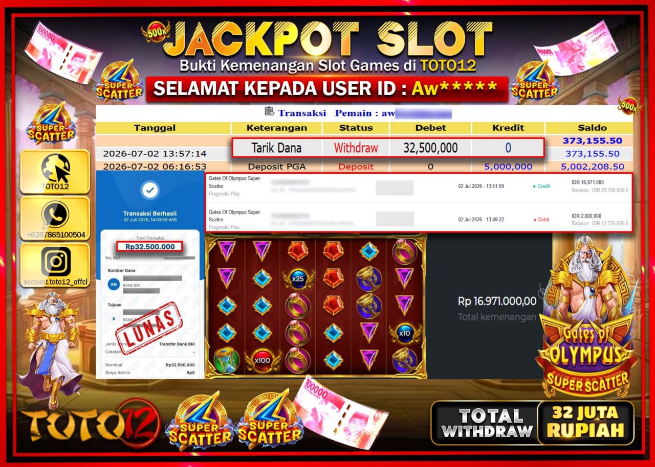 HANYA DI TOTO12 JP PASTI DI BAYAR LUNAS DAN CEPAT!!!!!! JACKPOT SLOT GAME (GATES OF OLYMPUS SUPER SCATTER) Rp32.500.000!!!!