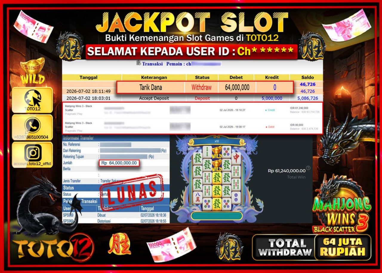 HANYA DI TOTO12 JP PASTI DI BAYAR LUNAS DAN CEPAT!!!!!! JACKPOT SLOT GAME (MAHJONG WINS 3 BLACK SCATTER) Rp64.000.000!!!!