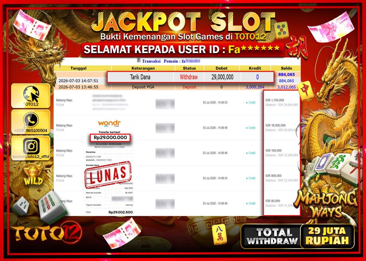 HANYA DI TOTO12 JP PASTI DI BAYAR LUNAS DAN CEPAT!!!!!! JACKPOT SLOT GAME (MAHJONG WAYS) Rp29.000.000!!!!