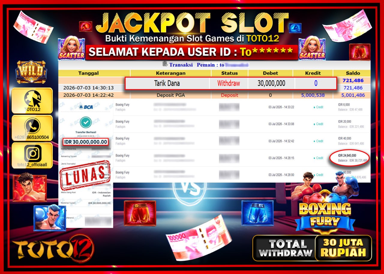 HANYA DI TOTO12 JP PASTI DI BAYAR LUNAS DAN CEPAT!!!!!! JACKPOT SLOT GAME (BOXING FURY) Rp30.000.000!!!!