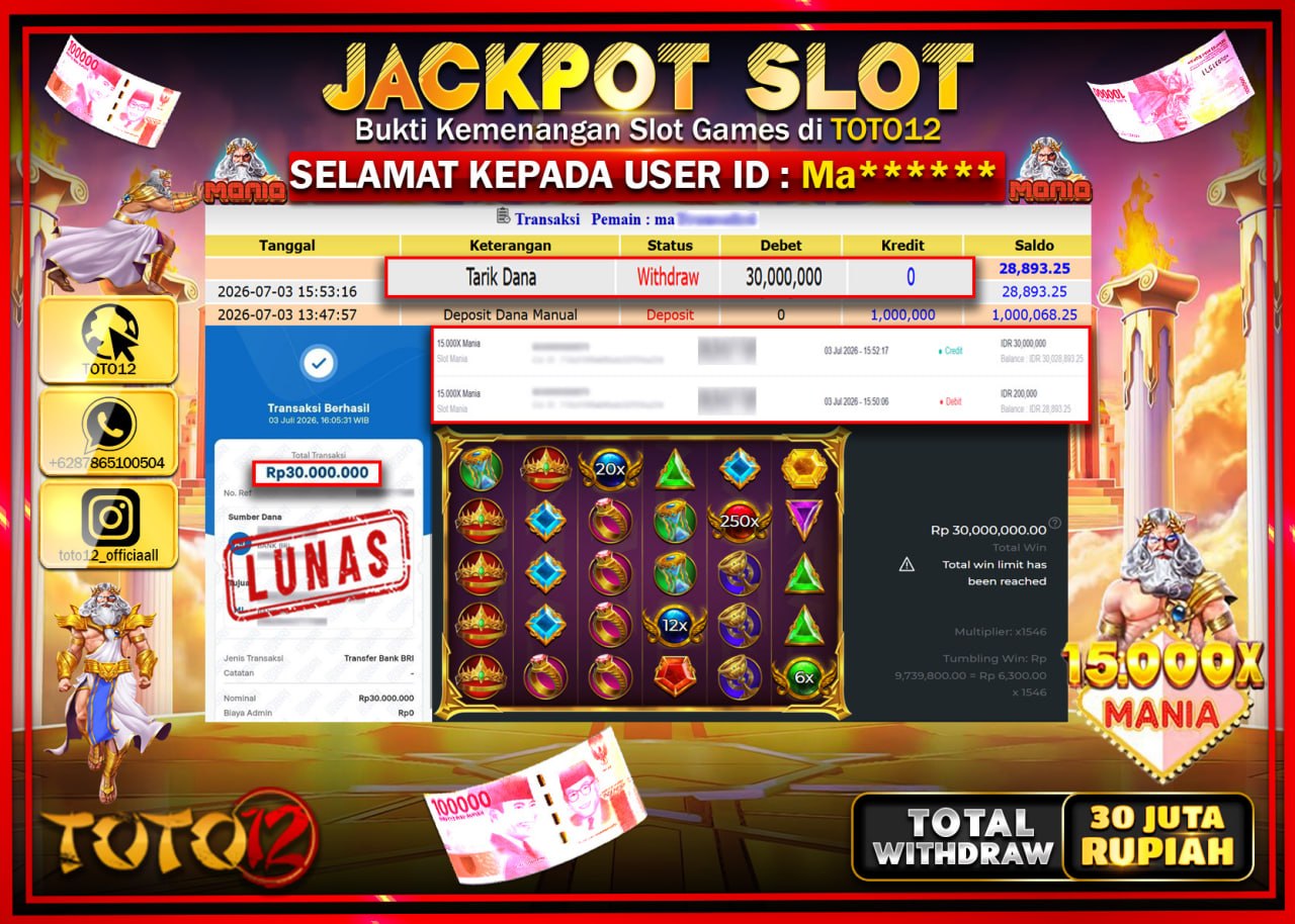 HANYA DI TOTO12 JP PASTI DI BAYAR LUNAS DAN CEPAT!!!!!! JACKPOT SLOT GAME (15.000 X MANIA) Rp30.000.000!!!!