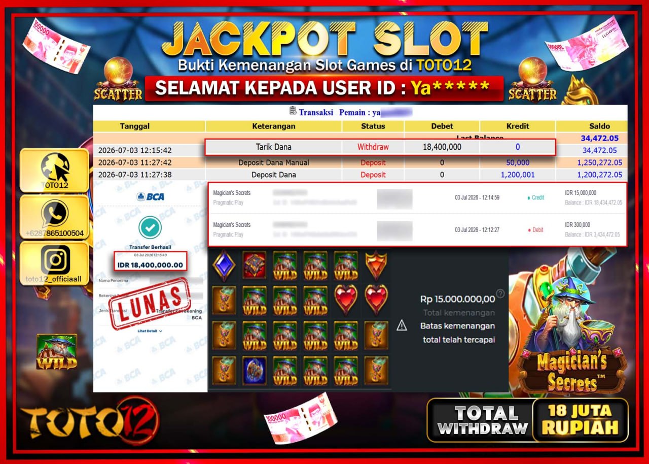 HANYA DI TOTO12 JP PASTI DI BAYAR LUNAS DAN CEPAT!!!!!! JACKPOT SLOT GAME (MAGICIANS SECRETS) Rp18.400.000!!!!
