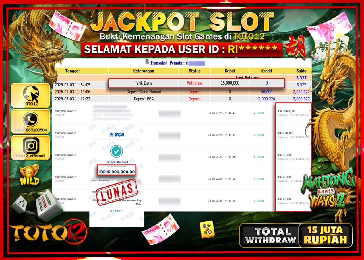 HANYA DI TOTO12 JP PASTI DI BAYAR LUNAS DAN CEPAT!!!!!! JACKPOT SLOT GAME (MAHJONG WAYS 2) Rp15.000.000!!!!