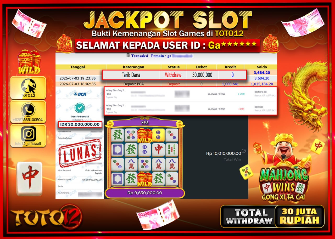 HANYA DI TOTO12 JP PASTI DI BAYAR LUNAS DAN CEPAT!!!!!! JACKPOT SLOT GAME (MAHJONG WINS GONG XI FA CAI) Rp30.000.000!!!!