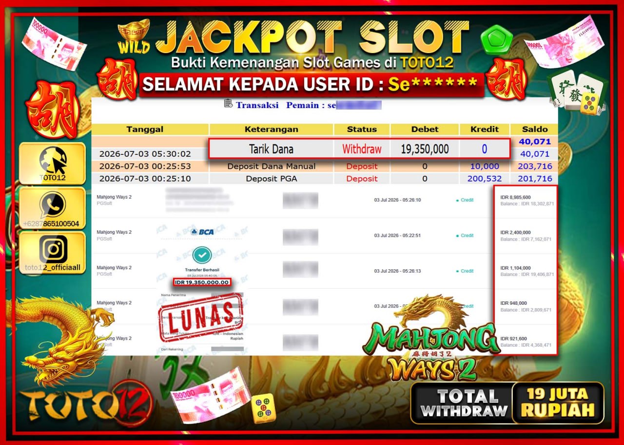 HANYA DI TOTO12 JP PASTI DI BAYAR LUNAS DAN CEPAT!!!!!! JACKPOT SLOT GAME (MAHJONG WAYS 2) Rp19.350.000!!!!