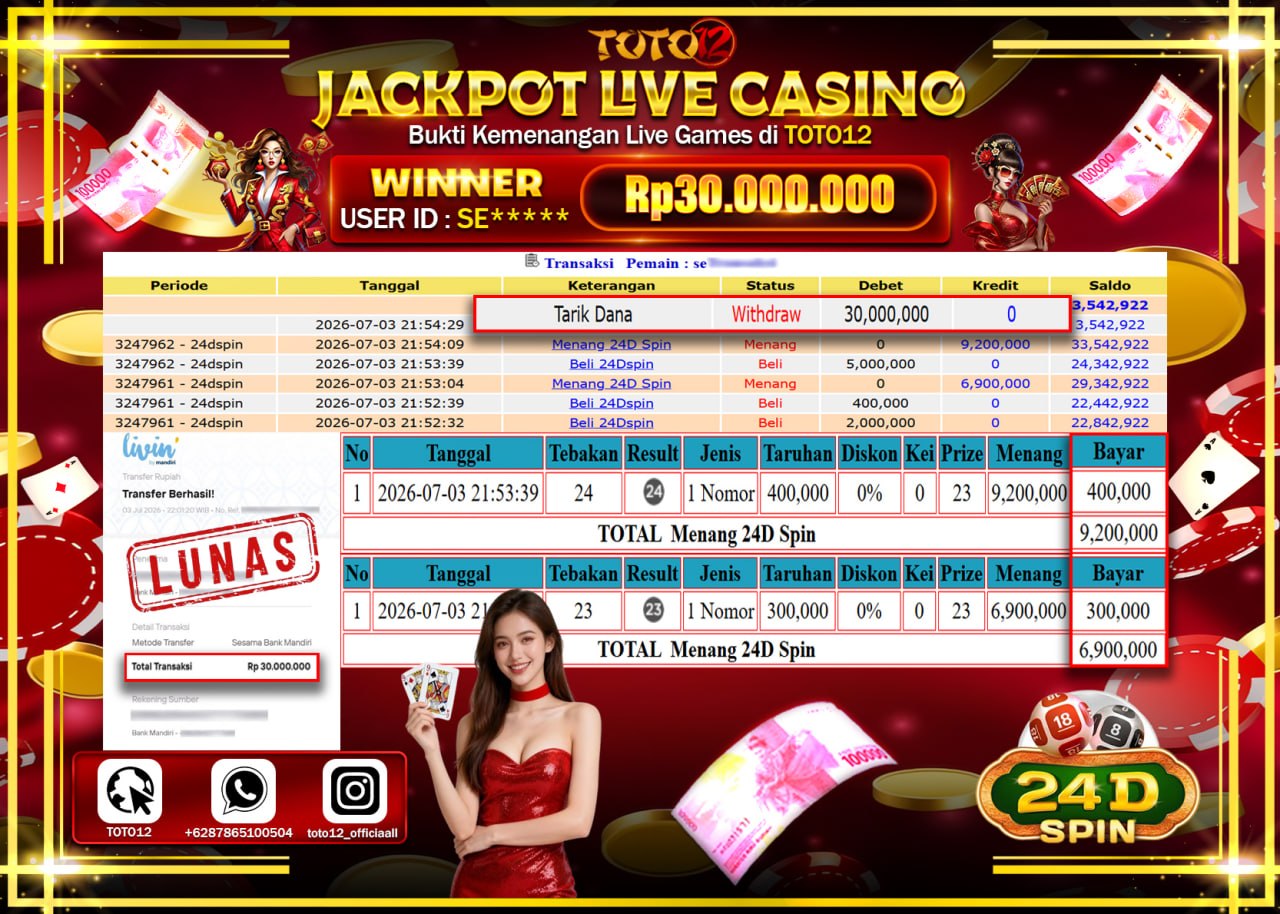 HANYA DI TOTO12 JP PASTI DI BAYAR LUNAS DAN CEPAT!!!!!! JACKPOT  LIVE GAME CASINO (24D) Rp30.000.000!!!!