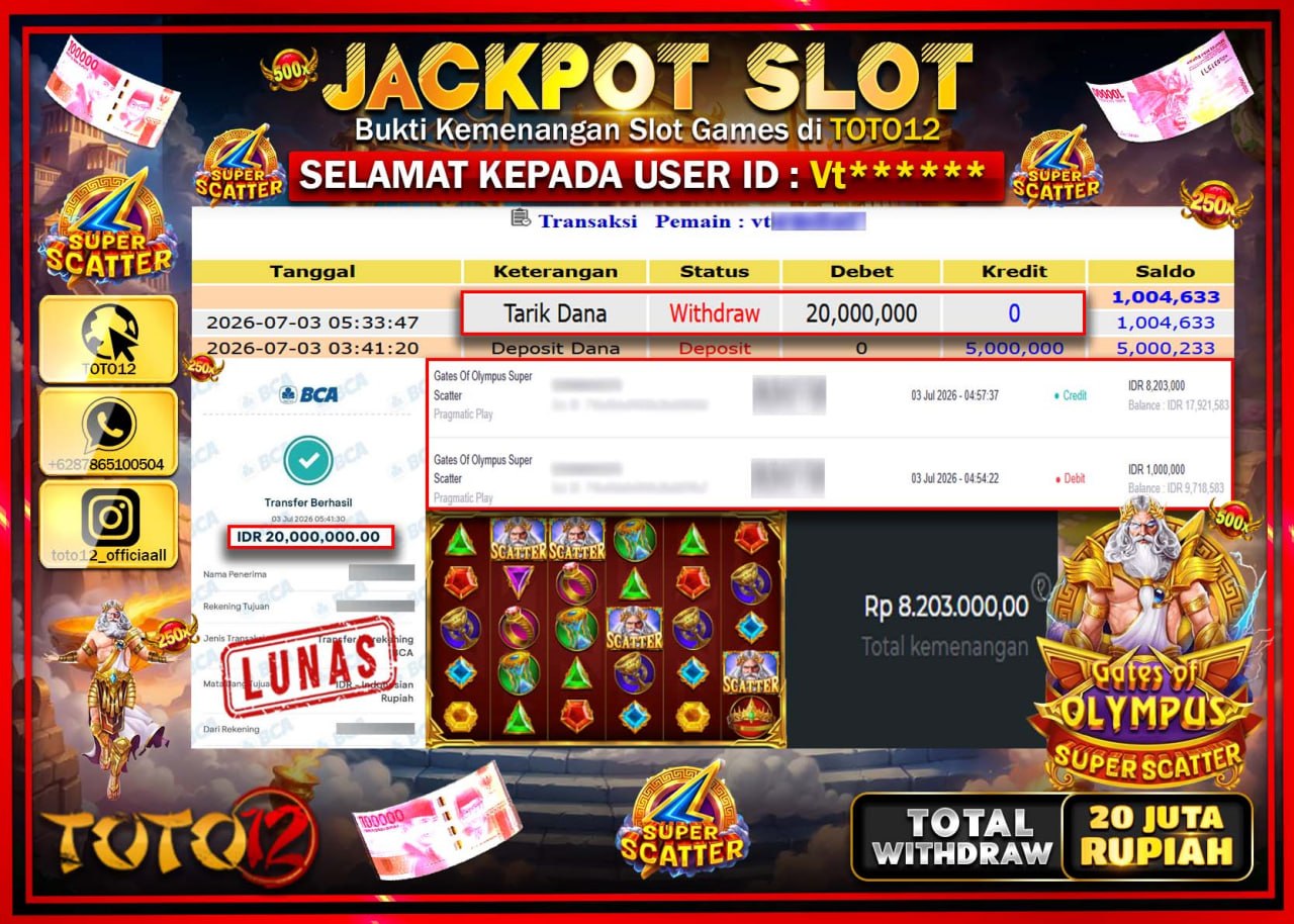 HANYA DI TOTO12 JP PASTI DI BAYAR LUNAS DAN CEPAT!!!!!! JACKPOT SLOT GAME (GATES OF OLYMPUS SUPER SCATTER) Rp20.000.000!!!!