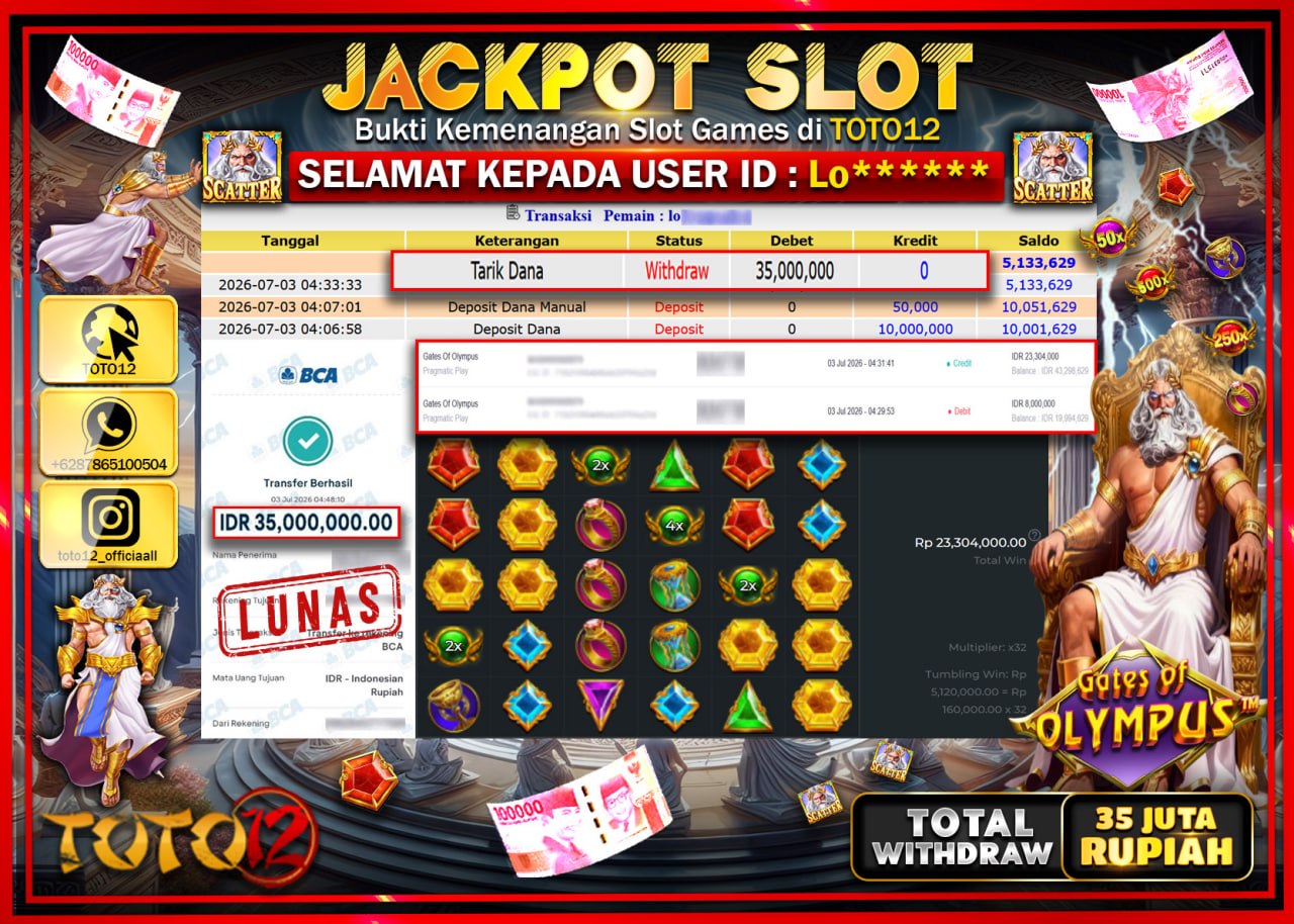 HANYA DI TOTO12 JP PASTI DI BAYAR LUNAS DAN CEPAT!!!!!! JACKPOT SLOT GAME (GATES OF OLYMPUS) Rp35.000.000!!!!