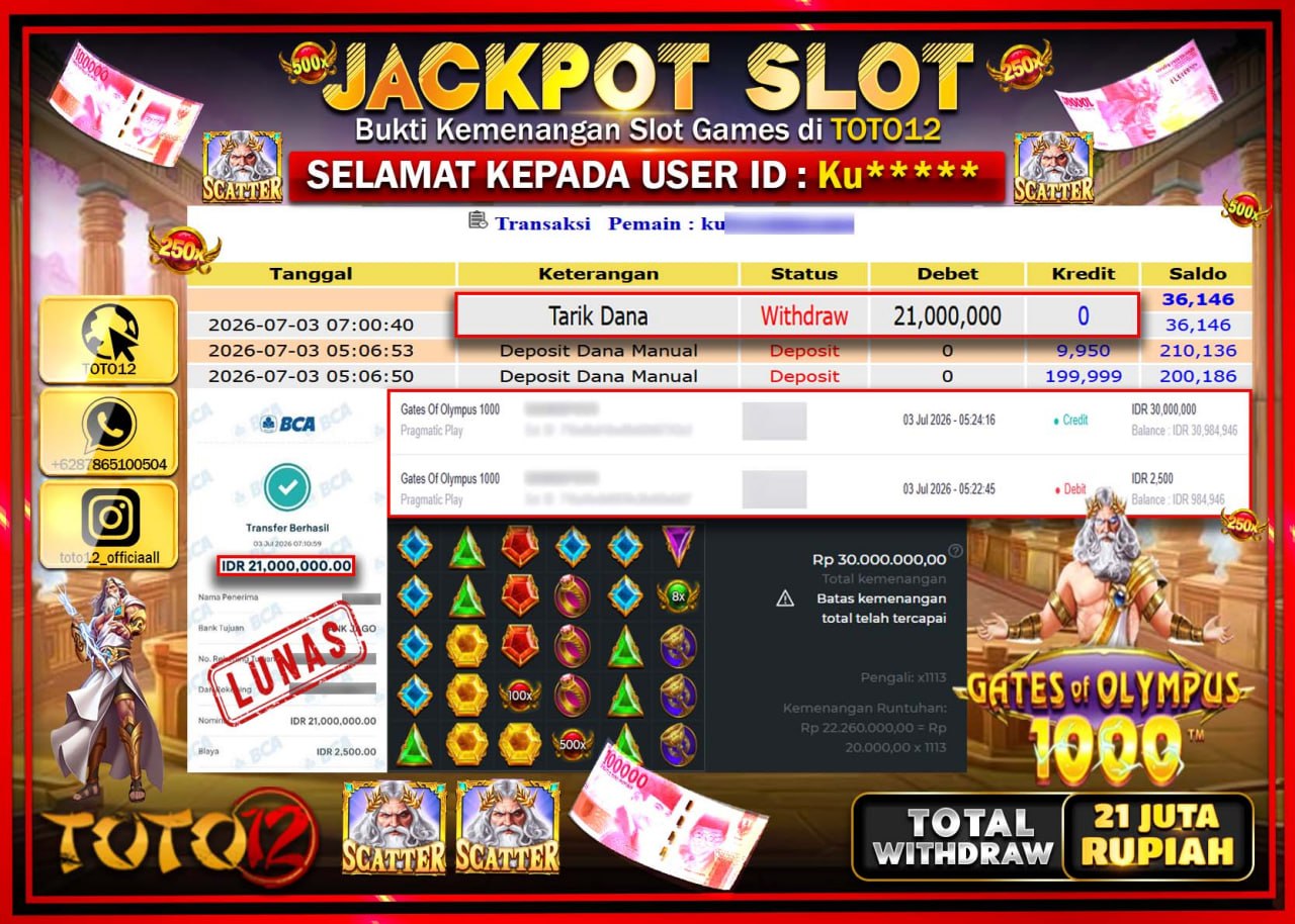 HANYA DI TOTO12 JP PASTI DI BAYAR LUNAS DAN CEPAT!!!!!! JACKPOT SLOT GAME (GATES OF OLYMPUS 1000) Rp21.000.000!!!!