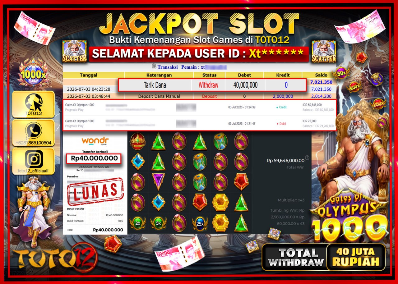 HANYA DI TOTO12 JP PASTI DI BAYAR LUNAS DAN CEPAT!!!!!! JACKPOT SLOT GAME (GATES OF OLYMPUS 1000) Rp40.000.000!!!!