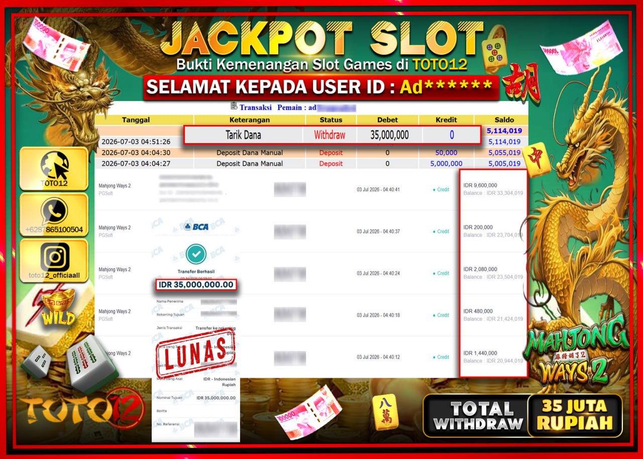 HANYA DI TOTO12 JP PASTI DI BAYAR LUNAS DAN CEPAT!!!!!! JACKPOT SLOT GAME (MAHJONG WAYS 2) Rp35.000.000!!!!