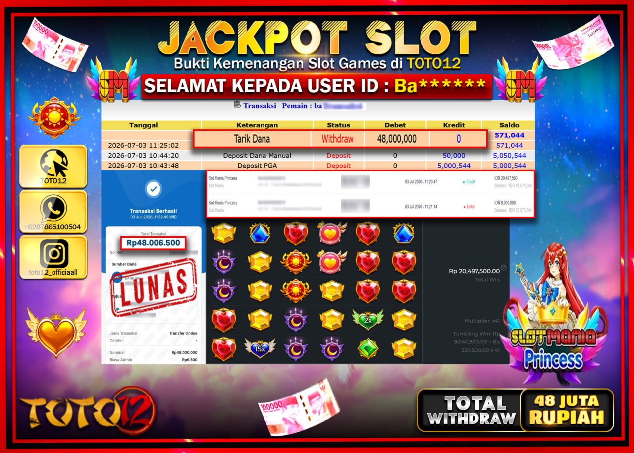HANYA DI TOTO12 JP PASTI DI BAYAR LUNAS DAN CEPAT!!!!!! JACKPOT SLOT GAME (SLOT MANIA PRINCESS) Rp48.000.000!!!!