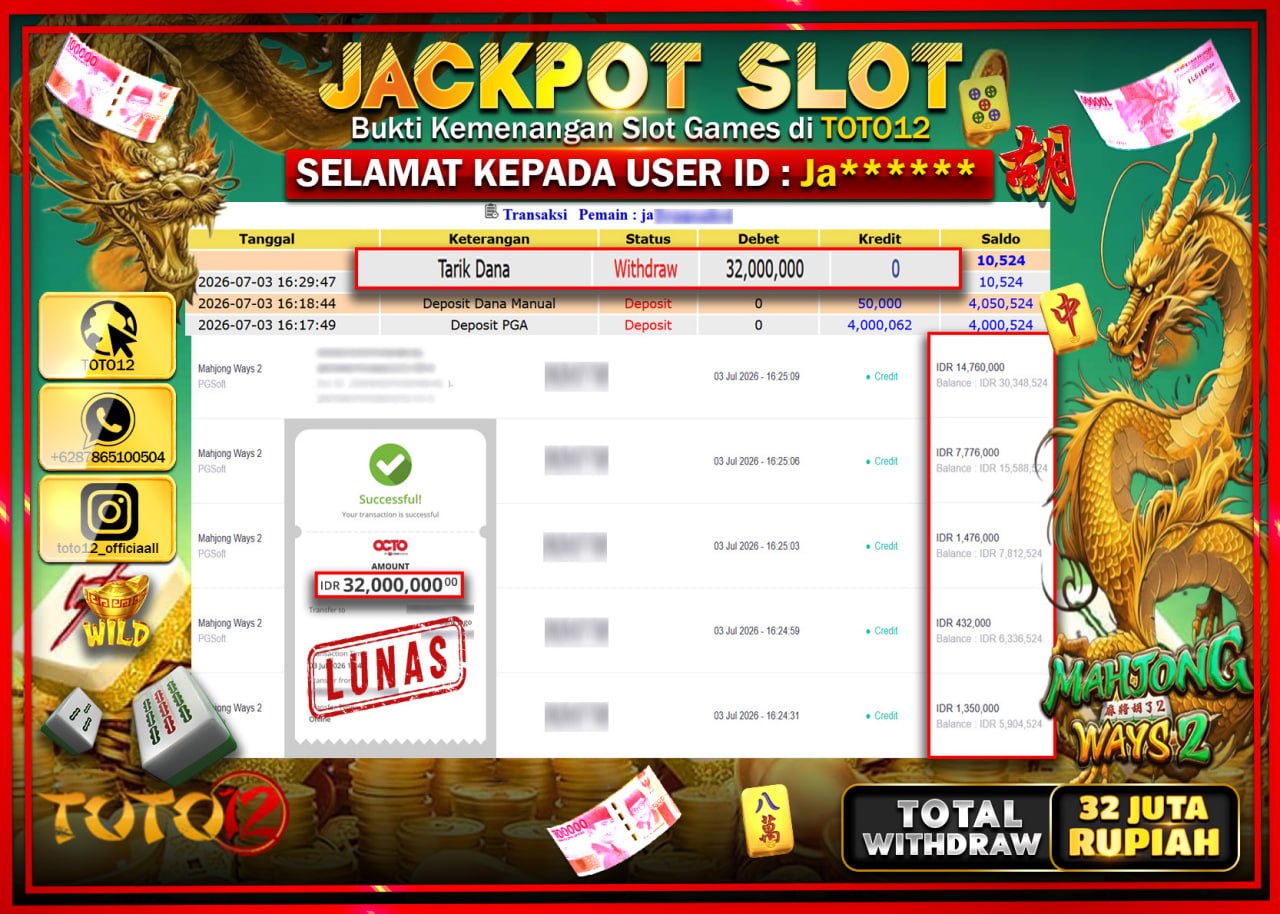 HANYA DI TOTO12 JP PASTI DI BAYAR LUNAS DAN CEPAT!!!!!! JACKPOT SLOT GAME (MAHJONG WAYS 2) Rp32.000.000!!!!