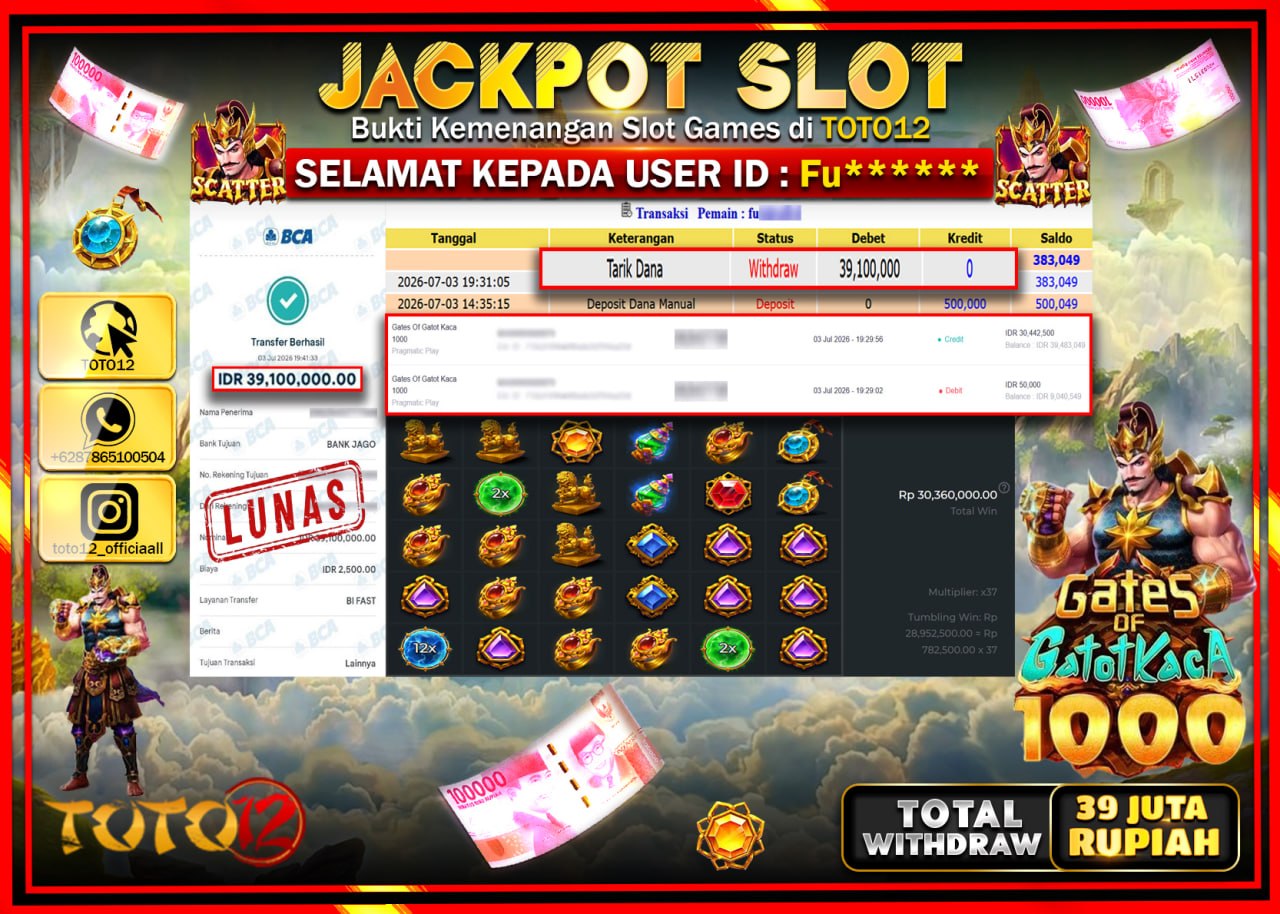 HANYA DI TOTO12 JP PASTI DI BAYAR LUNAS DAN CEPAT!!!!!! JACKPOT SLOT GAME (GATES OF GATOTKACA 1000) Rp39.100.000!!!!