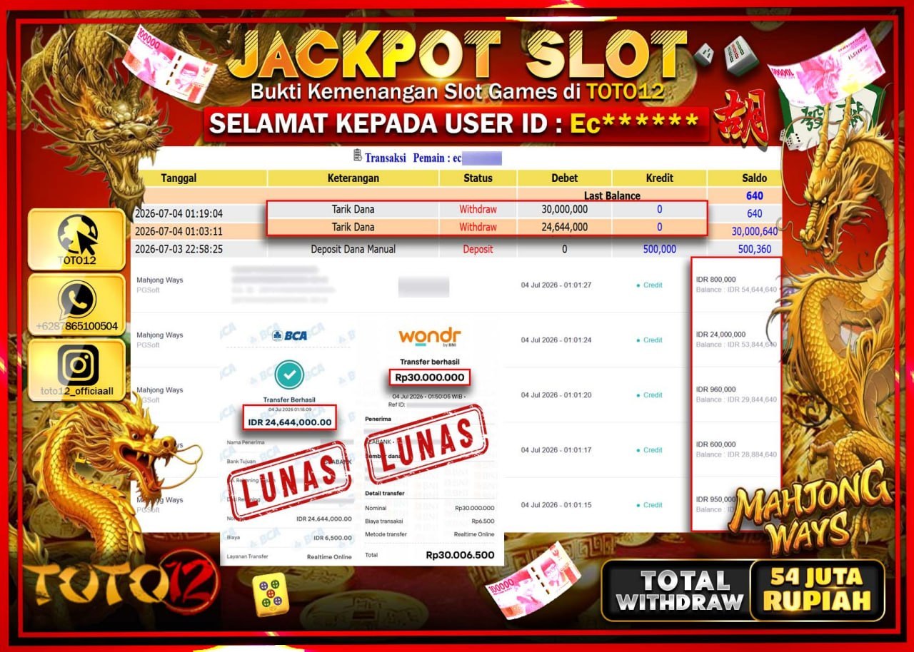 HANYA DI TOTO12 JP PASTI DI BAYAR LUNAS DAN CEPAT!!!!!! JACKPOT SLOT GAME (MAHJONG WAYS) Rp54.644.000!!!!