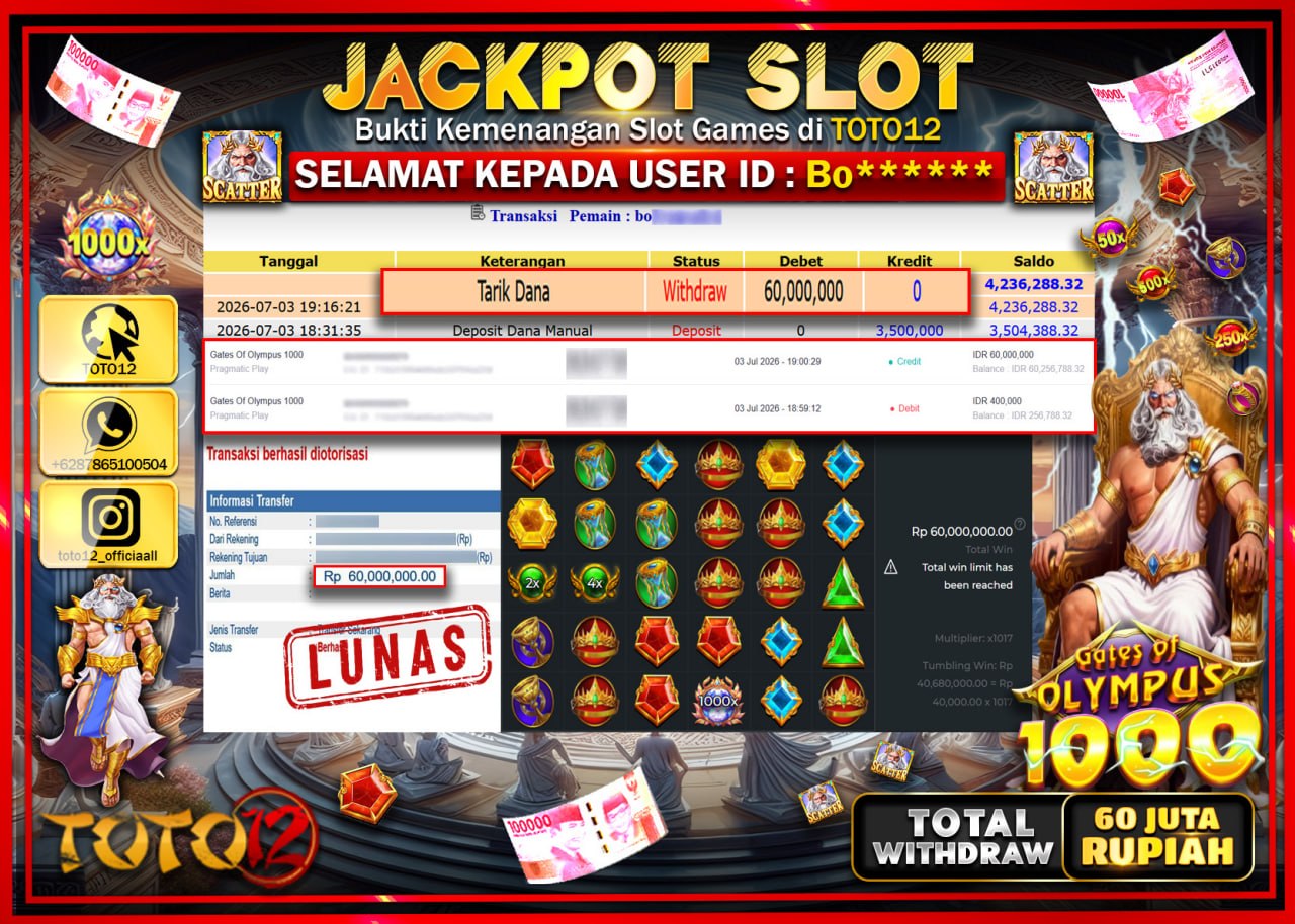HANYA DI TOTO12 JP PASTI DI BAYAR LUNAS DAN CEPAT!!!!!! JACKPOT SLOT GAME (GATES OF OLYMPUS 1000) Rp60.000.000!!!!