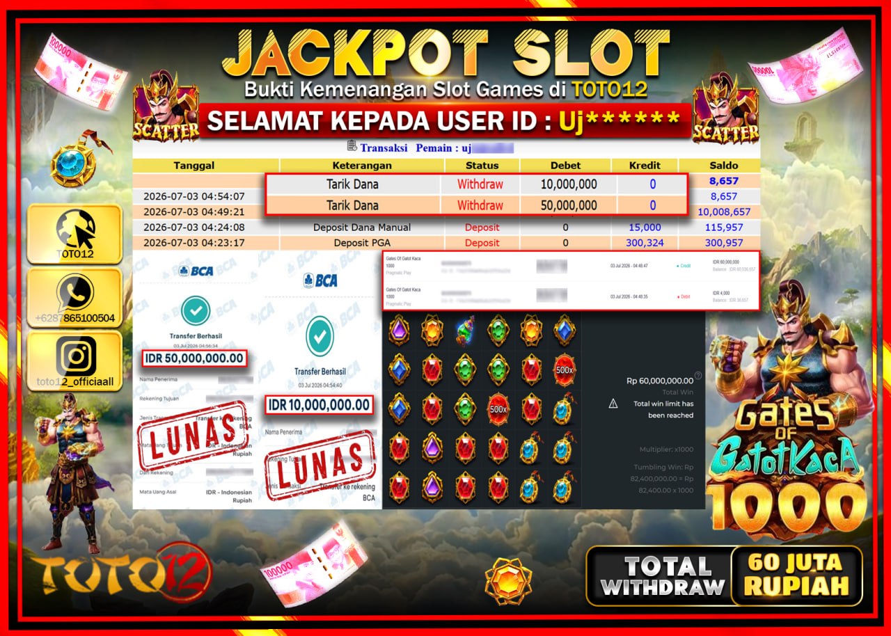 HANYA DI TOTO12 JP PASTI DI BAYAR LUNAS DAN CEPAT!!!!!! JACKPOT SLOT GAME (GATES OF GATOTKACA 1000) Rp60.000.000!!!!