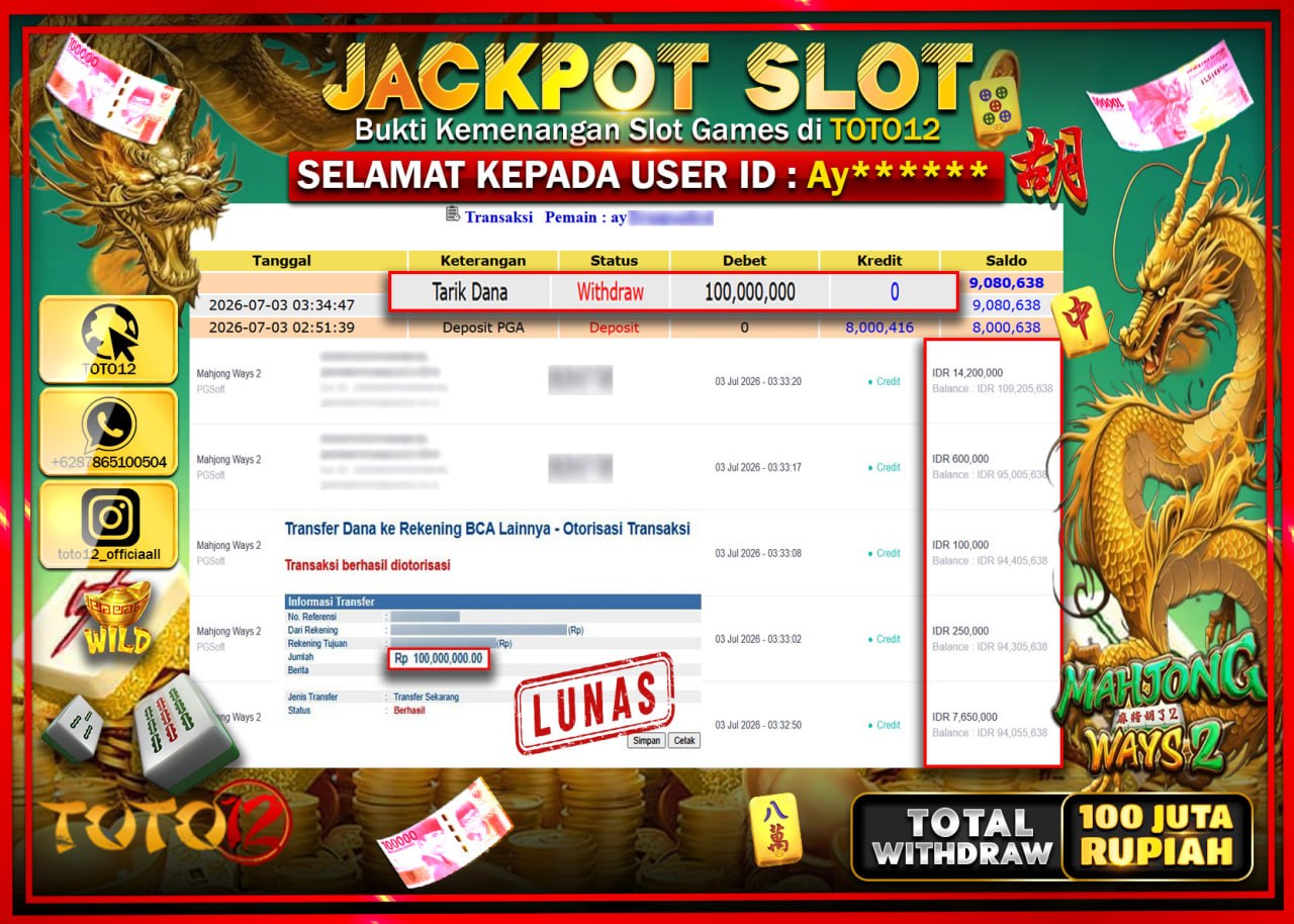 HANYA DI TOTO12 JP PASTI DI BAYAR LUNAS DAN CEPAT!!!!!! JACKPOT SLOT GAME (MAHJONG WAYS 2) Rp100.000.000!!!!