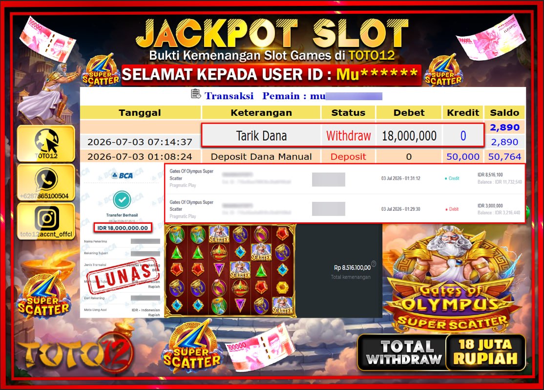 HANYA DI TOTO12 JP PASTI DI BAYAR LUNAS DAN CEPAT!!!!!! JACKPOT SLOT GAME (GATES OF OLYMPUS SUPER SCATTER) Rp18.000.000!!!!
