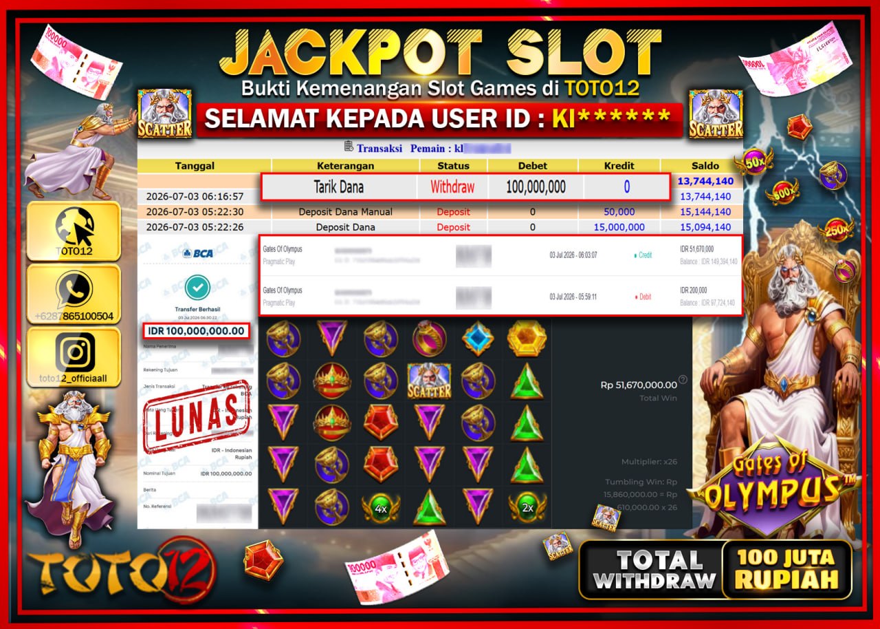 HANYA DI TOTO12 JP PASTI DI BAYAR LUNAS DAN CEPAT!!!!!! JACKPOT SLOT GAME (GATES OF  OLYMPUS) Rp100.000.000!!!!