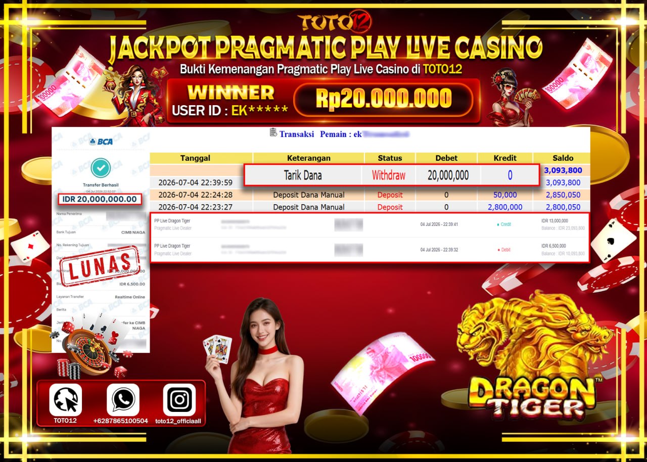 HANYA DI TOTO12 JP PASTI DI BAYAR LUNAS DAN CEPAT!!!!!! JACKPOT PRAGMATIC PLAY LIVE GAME CASINO (DRAGON TIGER) Rp20.000.000!!!!