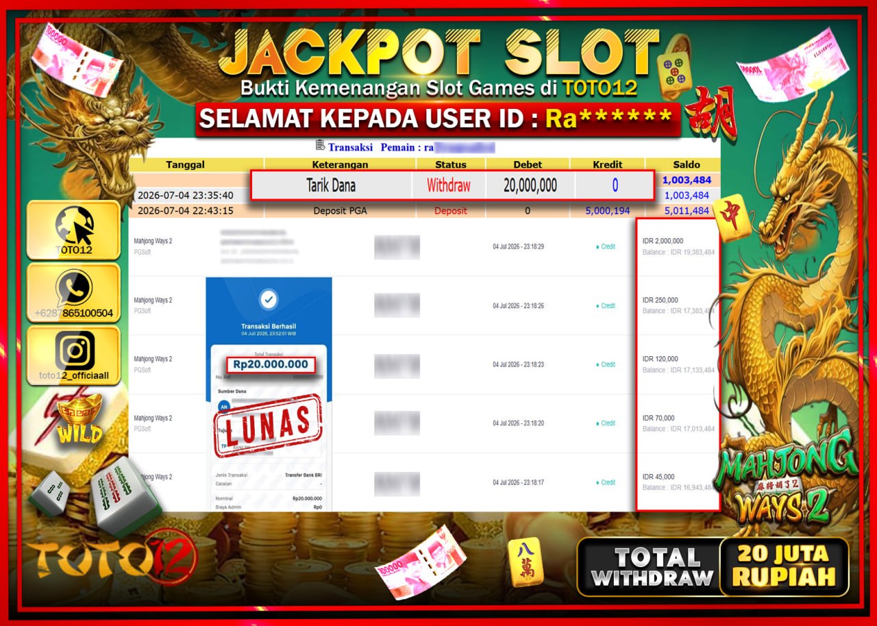 HANYA DI TOTO12 JP PASTI DI BAYAR LUNAS DAN CEPAT!!!!!! JACKPOT SLOT GAME (MAHJONG WAYS 2) Rp20.000.000!!!!