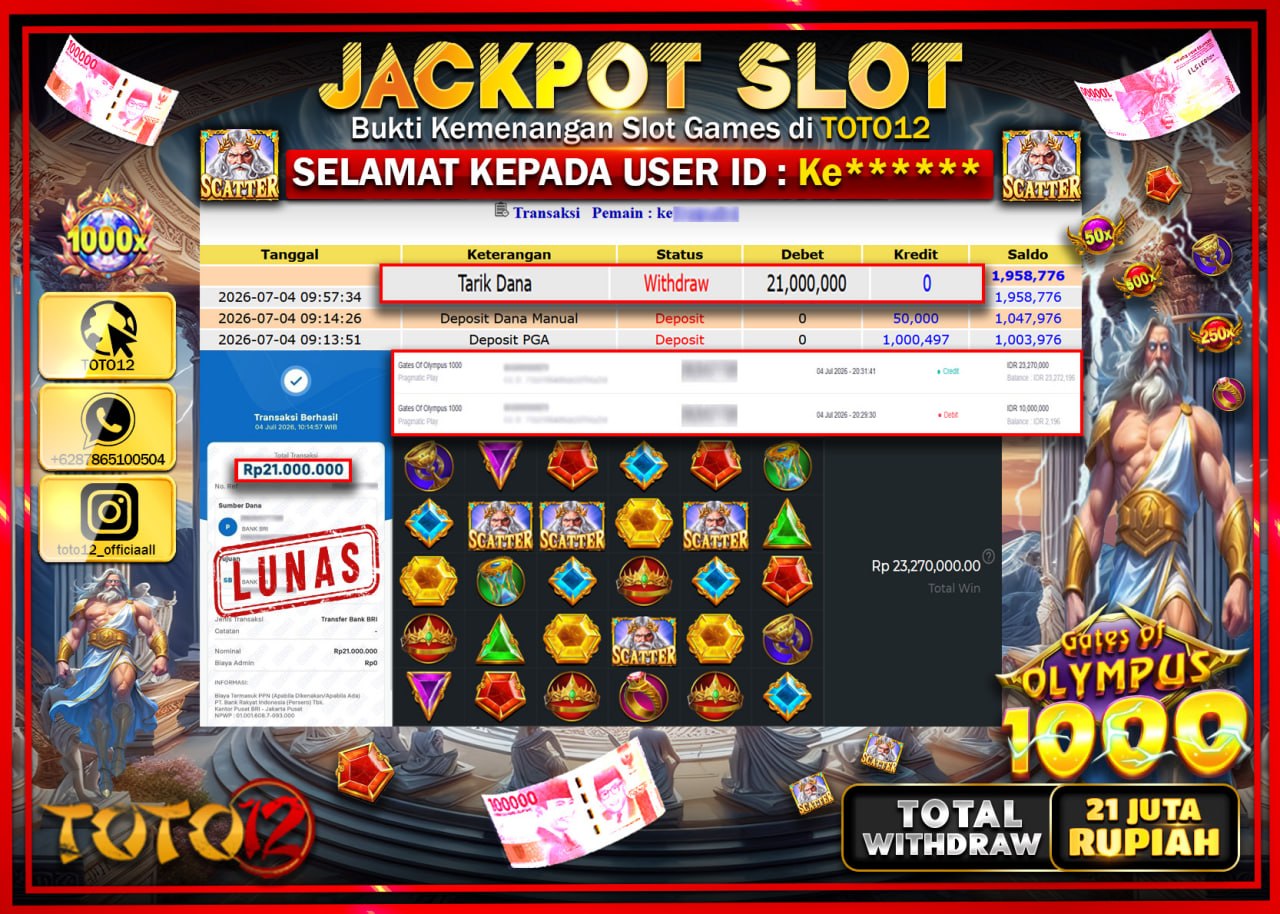 HANYA DI TOTO12 JP PASTI DI BAYAR LUNAS DAN CEPAT!!!!!! JACKPOT SLOT GAME (GATES OF OLYMPUS 1000) Rp21.000.000!!!!