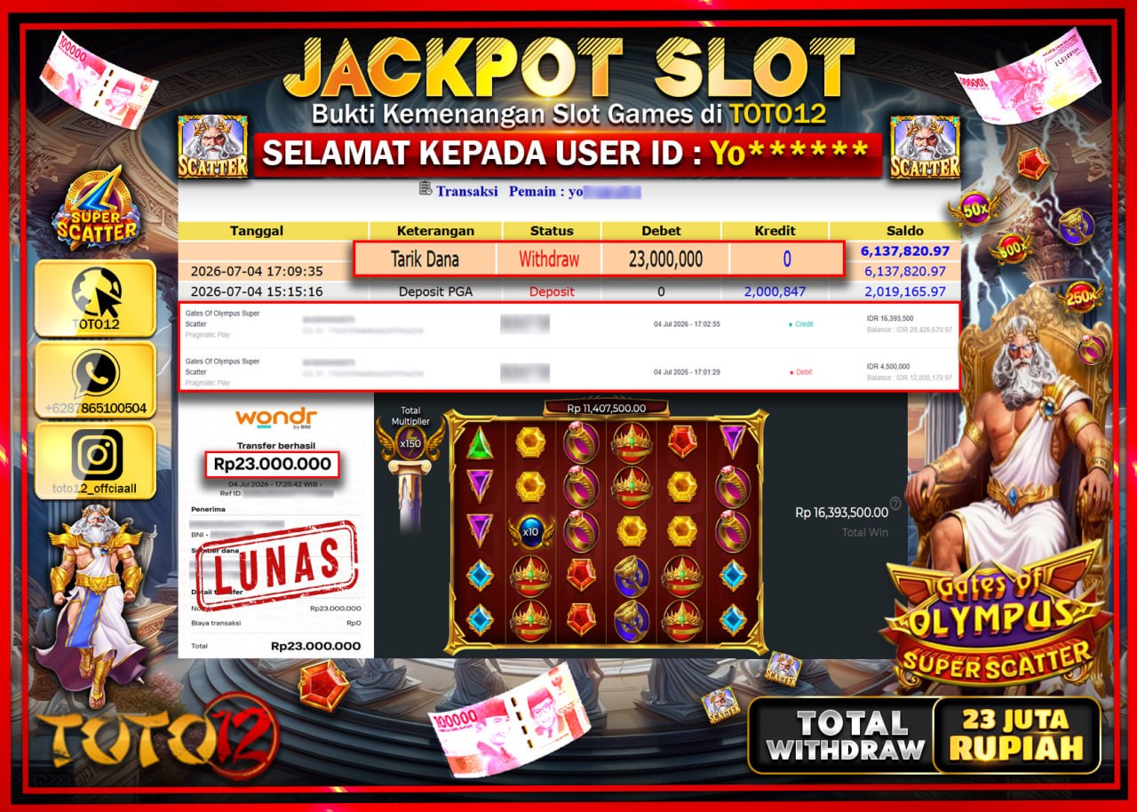 HANYA DI TOTO12 JP PASTI DI BAYAR LUNAS DAN CEPAT!!!!!! JACKPOT SLOT GAME (GATES OF OLYMPUS SUPER SCATTER) Rp23.000.000!!!!