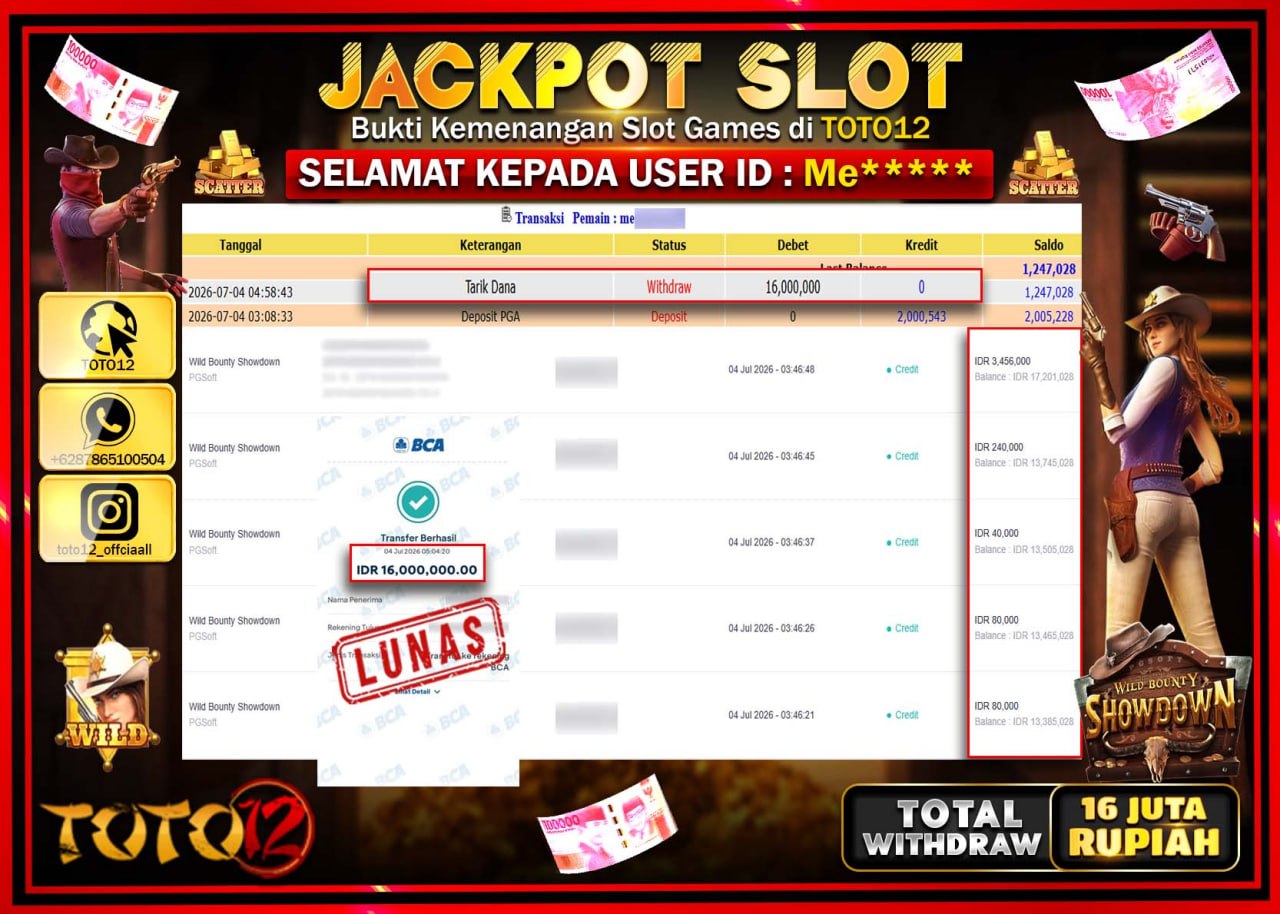 HANYA DI TOTO12 JP PASTI DI BAYAR LUNAS DAN CEPAT!!!!!! JACKPOT SLOT GAME (WILD BOUNTY SHOWDOWN) Rp16.000.000!!!!