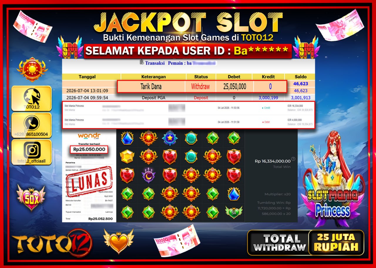 HANYA DI TOTO12 JP PASTI DI BAYAR LUNAS DAN CEPAT!!!!!! JACKPOT SLOT GAME (SLOT MANIA PRINCESS) Rp25.050.000!!!!