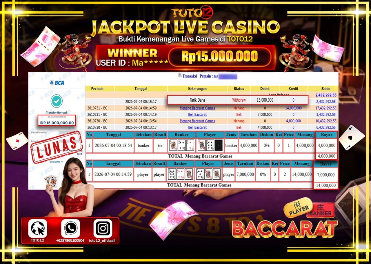 HANYA DI TOTO12 JP PASTI DI BAYAR LUNAS DAN CEPAT!!!!!! JACKPOT  LIVE GAME CASINO (BACCARAT) Rp15.000.000!!!!