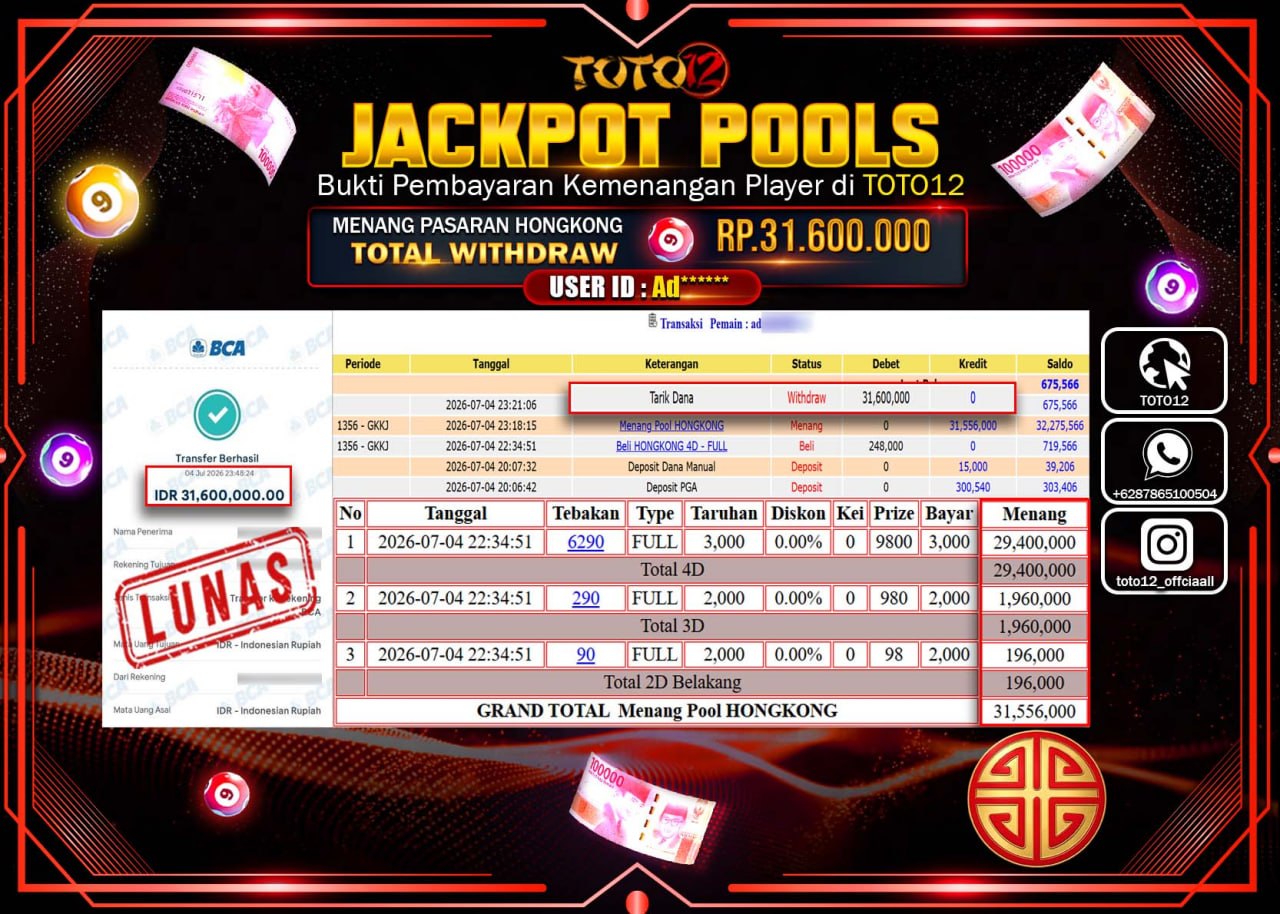 HANYA DI TOTO12 JP PASTI DI BAYAR LUNAS DAN CEPAT!!!!!! JACKPOT POOLS PASARAN (HONGKONG) Rp31.600.000!!!!