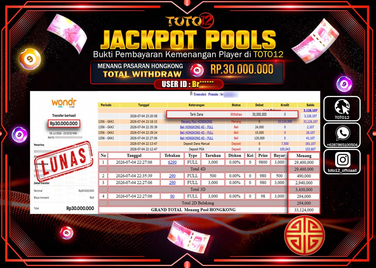 HANYA DI TOTO12 JP PASTI DI BAYAR LUNAS DAN CEPAT!!!!!! JACKPOT POOLS PASARAN (HONGKONG) Rp30.000.000!!!!