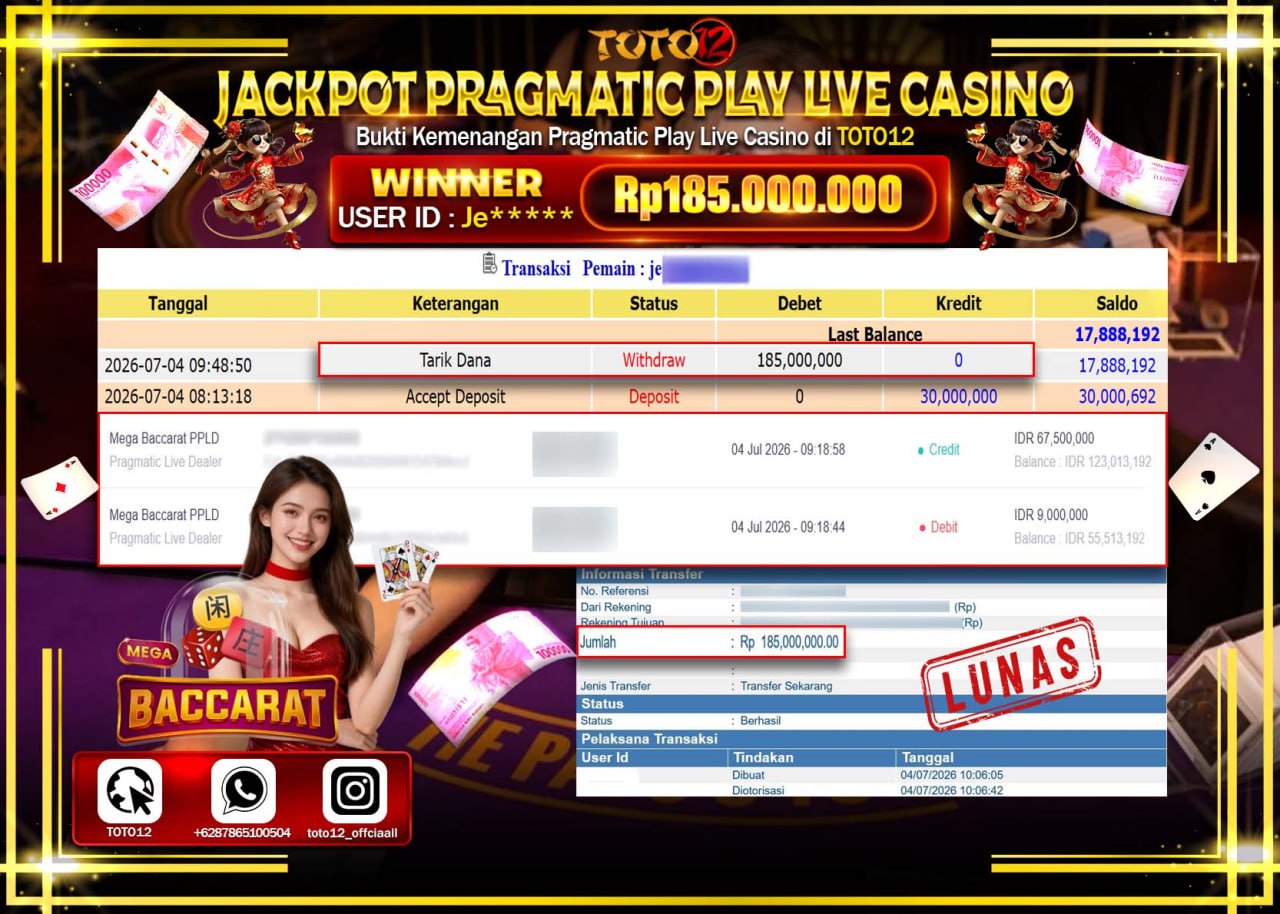 HANYA DI TOTO12 JP PASTI DI BAYAR LUNAS DAN CEPAT!!!!!! JACKPOT PRAGMATIC PLAY LIVE GAME CASINO (MEGA BACCARAT PPLD) Rp185.000.000!!!!