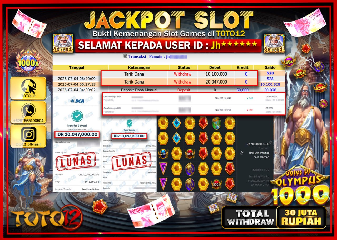 HANYA DI TOTO12 JP PASTI DI BAYAR LUNAS DAN CEPAT!!!!!! JACKPOT SLOT GAME (GATES OF OLYMPUS 1000) Rp30.147.000!!!!