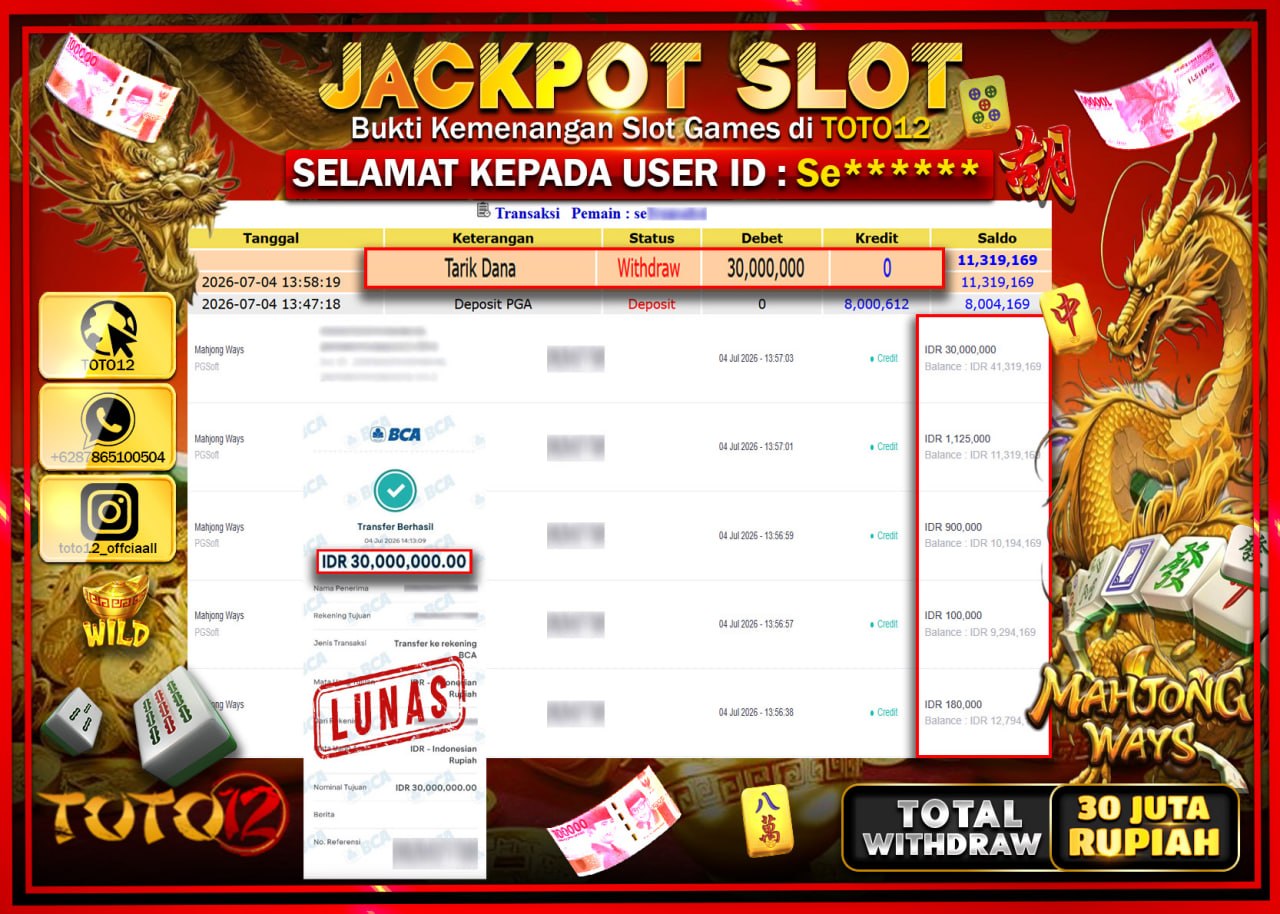 HANYA DI TOTO12 JP PASTI DI BAYAR LUNAS DAN CEPAT!!!!!! JACKPOT SLOT GAME (MAHJONG WAYS) Rp30.000.000!!!!